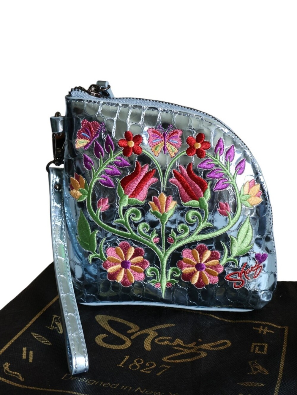 Sharif 1827 Blue Metallic Croc Embossed Leather Floral Embroidered Wristlet